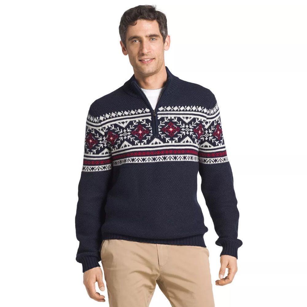 IZOD Navy Blue Fair Isle 1/4 Zip Classic Pullover Sweater XL
